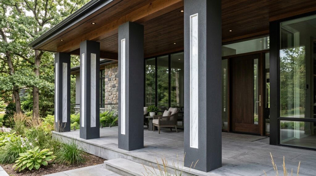 Frontyard Manifestos Built on Basalt Foundations and Quartzite Paths modern front porch columns quart… 202606100901