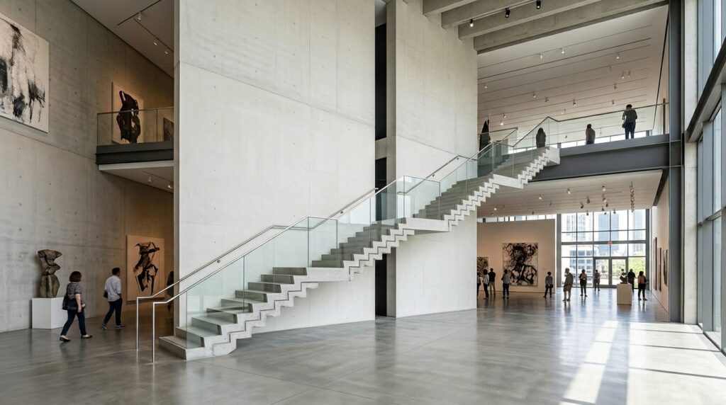 Floating Architectural Stairs Made of Raw Poured Concrete modern gallery zig zag staircase 202606131928