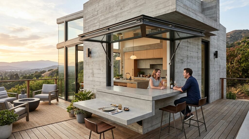 Compact Fold-Down Window Bars Connecting Indoor and Outdoor Spaces modern home kitchen window bar 202606171107