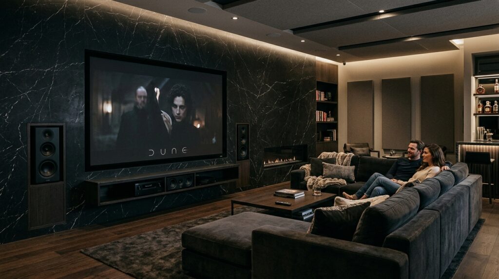 Monolithic Stone Accent Walls for High-End Living Facades modern home theater black marble 202606131806
