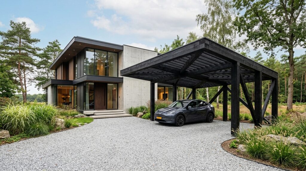 Timber Frame Carports That Add Rustic Charm to Your Front Yard modern house timber carport gravel 202606152007