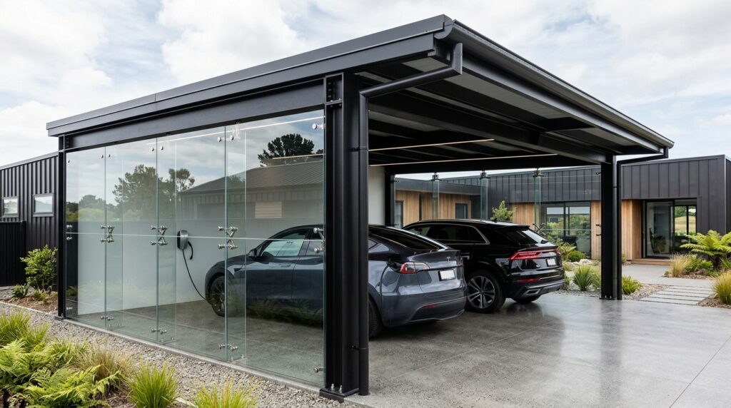 Industrial Steel & Glass Carport Ideas for Darker Driveways modern industrial carport glass … 202606152231