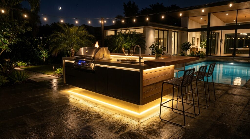 Modern Outdoor Kitchen And Bar Ideas For Premium Backyard Hosting modern island hovering over light 202606071606