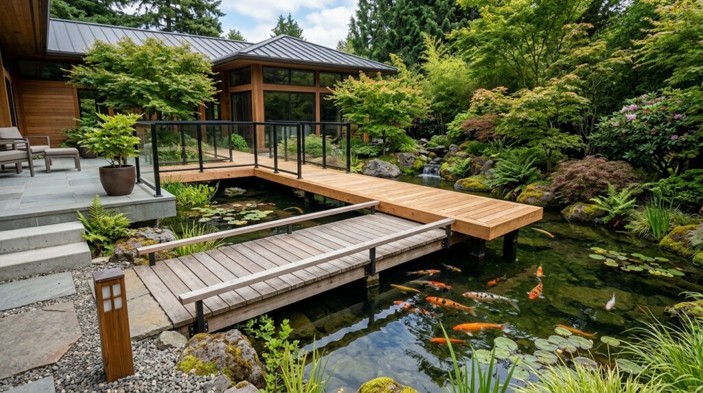 Floating Wooden Walkways Crossing Over Tranquil Backyard Koi Ponds modern koi pond split level bridge 202606142013