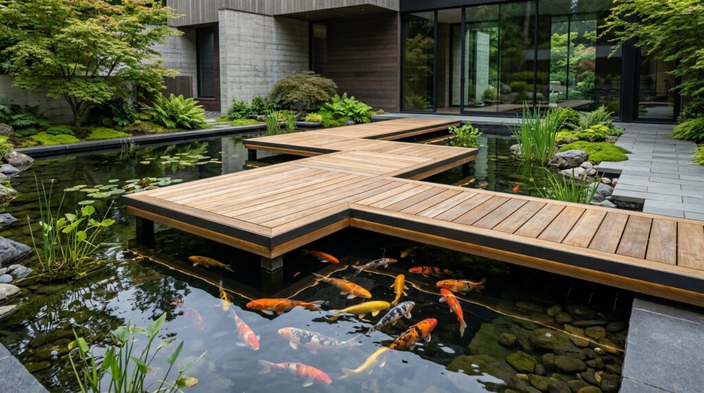 Floating Wooden Walkways Crossing Over Tranquil Backyard Koi Ponds modern koi pond teak walkway 202606141951