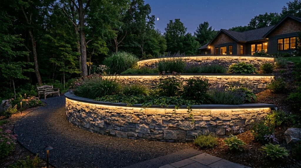 Tiered Retaining Fences Combining Planter Boxes with Boundary Posts modern landscape wall led light 202606111054