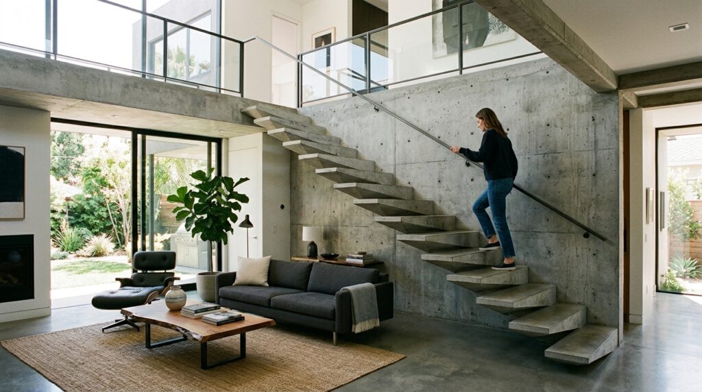 Floating Architectural Stairs Made of Raw Poured Concrete modern living room floating stai… 202606131926