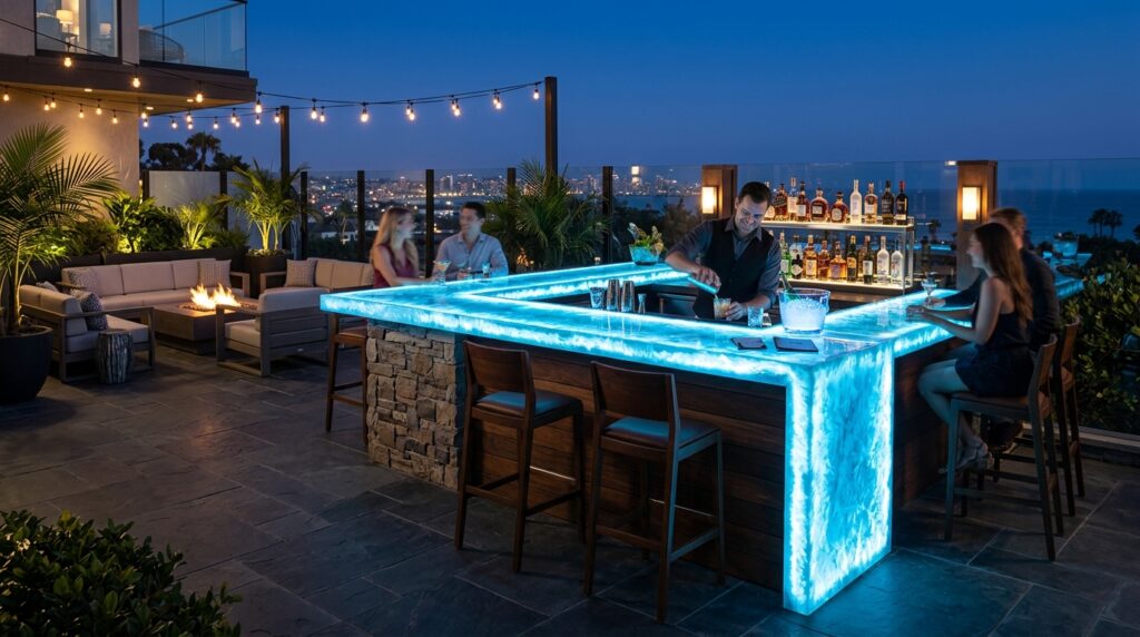 Custom Luxury Outdoor Bars with Backlit Translucent Resin Counters modern patio l shaped bar 202606181159