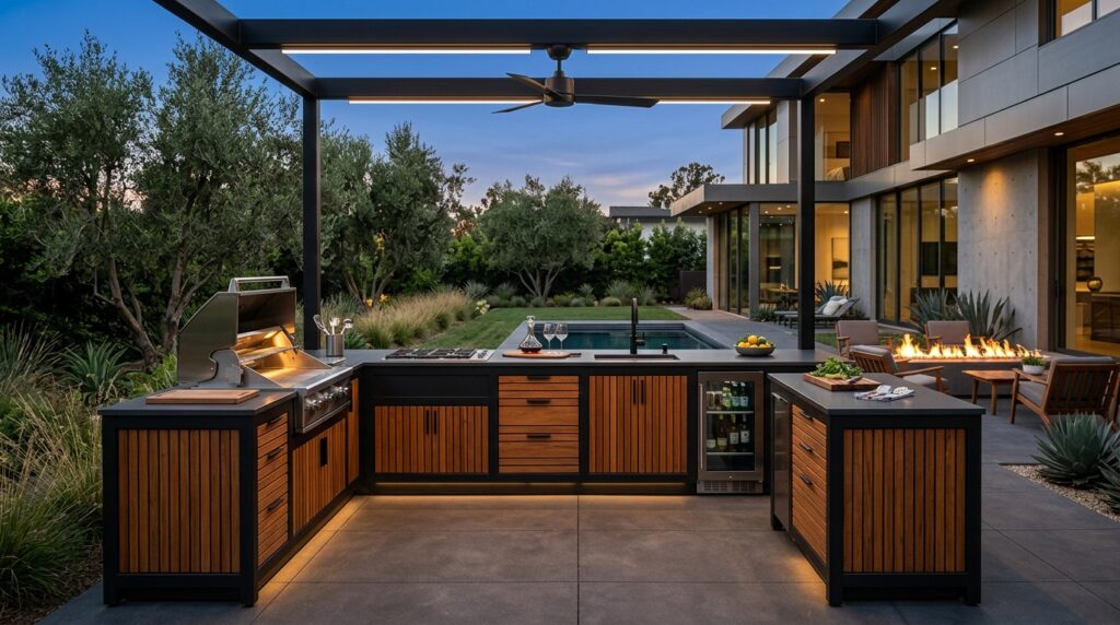 L-Shaped Multi-Functional Kitchen Layouts for Open-Air Patios modern patio l shaped kitchen ipe 202606171130