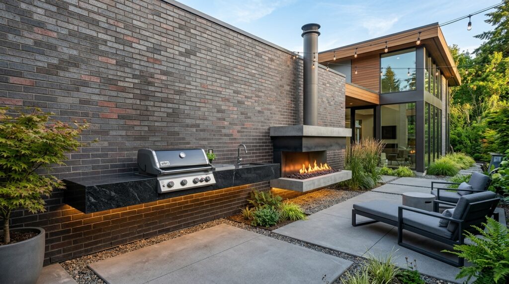 Brick Fireplace Extensions Integrating Full Outdoor Kitchen Lines modern patio outdoor kitchen fir… 202606181821