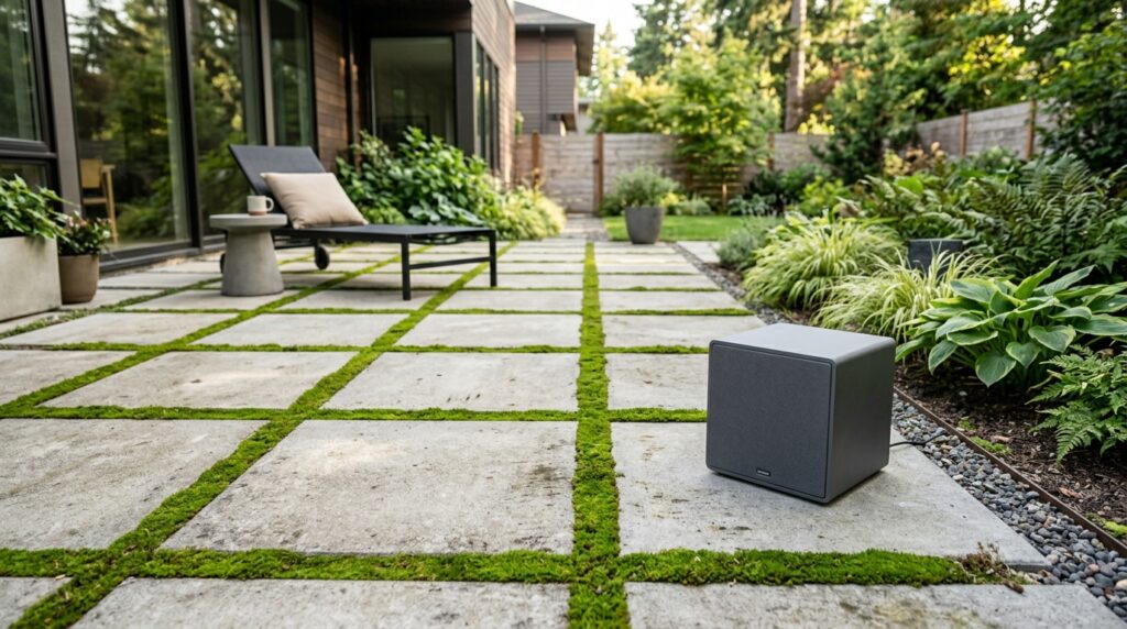 Hidden Outdoor Bluetooth Speaker Rocks for Disappearing Audio modern patio with concrete slabs 202606101229