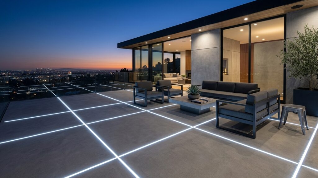 Neon Contour Strip Lighting for Futuristic Pool and Deck Edging modern patio with neon lights 202606101244