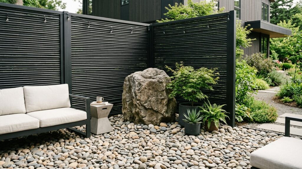 Zen Meditation Patios with Bamboo Screens and Smooth River Rocks modern patio with river rocks 202606141516