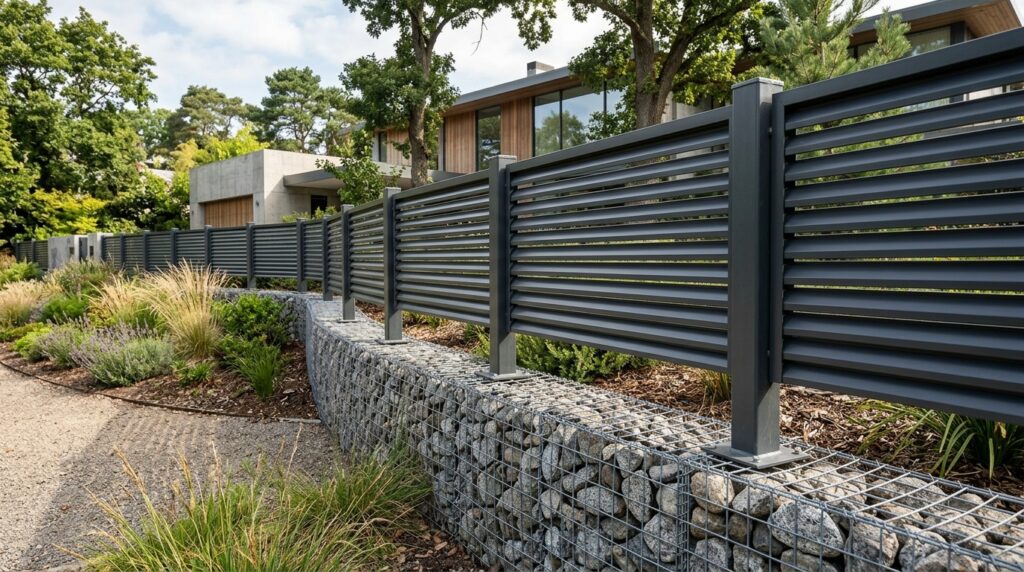 Tiered Retaining Fences Combining Planter Boxes with Boundary Posts modern perimeter fence gabion ba… 202606111047