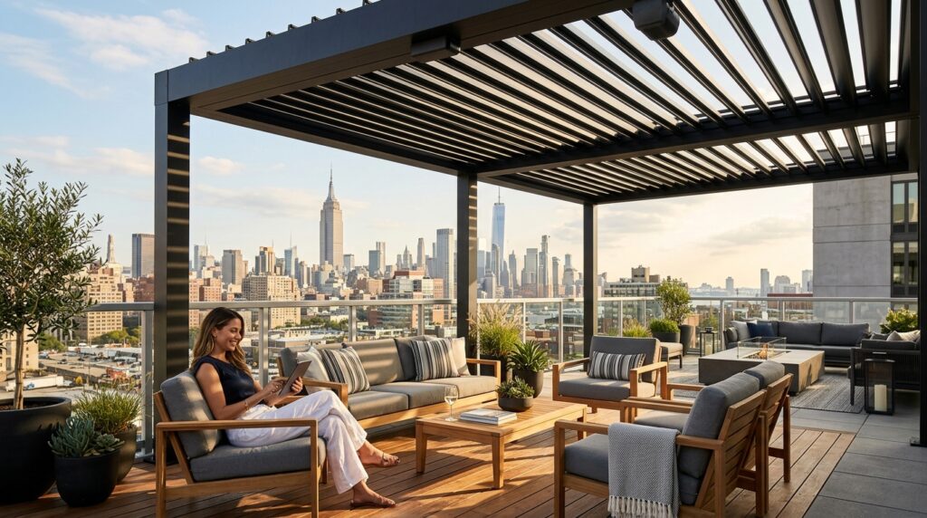 Modern Rooftop Terrazzo and Balcony Ideas for Elite Urban Luxury modern rooftop patio pergola shade 202606071536