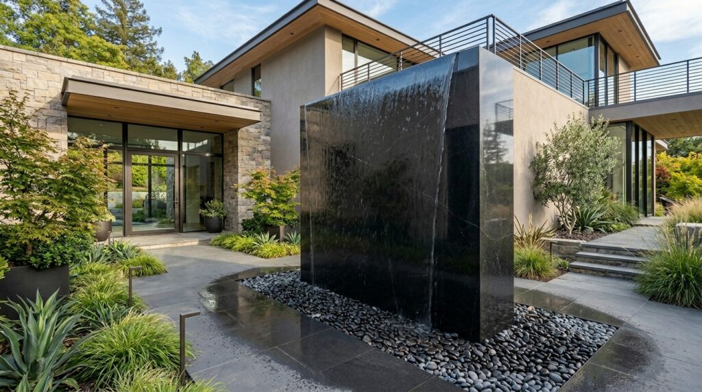 Contemporary Water Walls Using Dark Granite and Rippling Flows modern villa entry courtyard wall 202606102232
