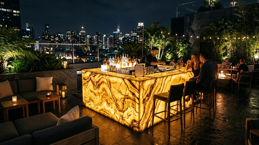Custom Luxury Outdoor Bars with Backlit Translucent Resin Counters monolithic bar radiating amber glow 202606181219