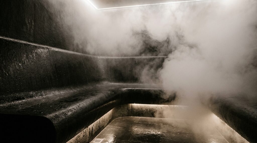 Brutalist Cryo-Therapy Chambers and Monolithic Micro-Cement Spas monolithic steam suite bench vapor 202606081505