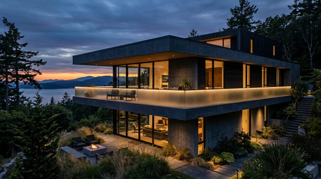 Cantilevered Balconies Wrapping Around Architectural Masterpieces moody contemporary home twilight 202606132109