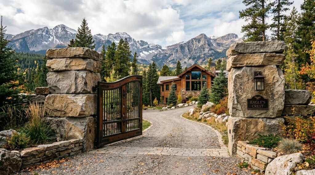 Stacked Flagstone Entry Pillars to Anchor Your Front Driveway Gate mountain home entrance flagstone… 202606111259