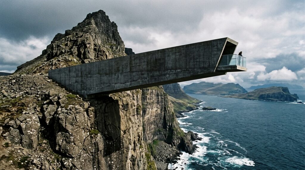 Brutalist Cantilevered Cliffside Villas and Structural Overhangs mountain peak with concrete prism 202606081444
