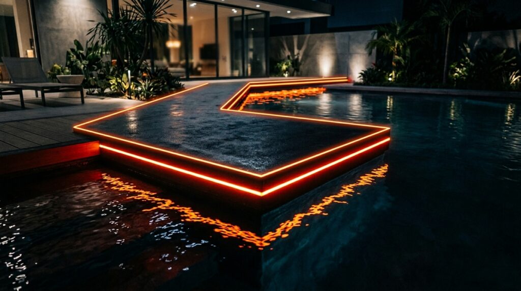 Neon Contour Strip Lighting for Futuristic Pool and Deck Edging neon strip on pool entry 202606101242