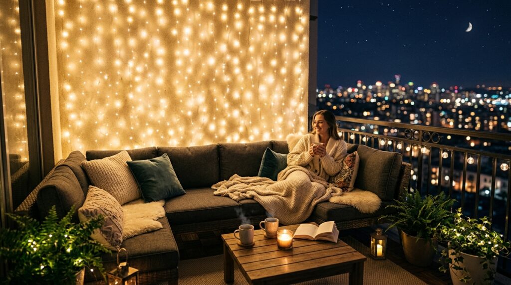 Outdoor Balcony Oasis Ideas For Cozy Urban Living nighttime balcony with fairy lights 202606061621