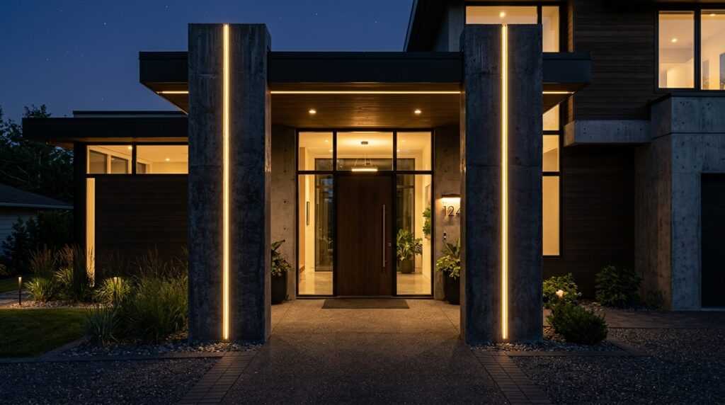 Modern Main Gate Designs For a Luxurious First Impression nighttime home entryway golden l… 202606070706