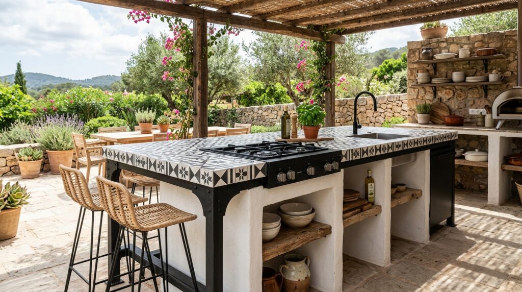 Whitewashed Stucco Mediterranean Kitchens with Mosaic Tile Tops open air kitchen island stucco 202606181254