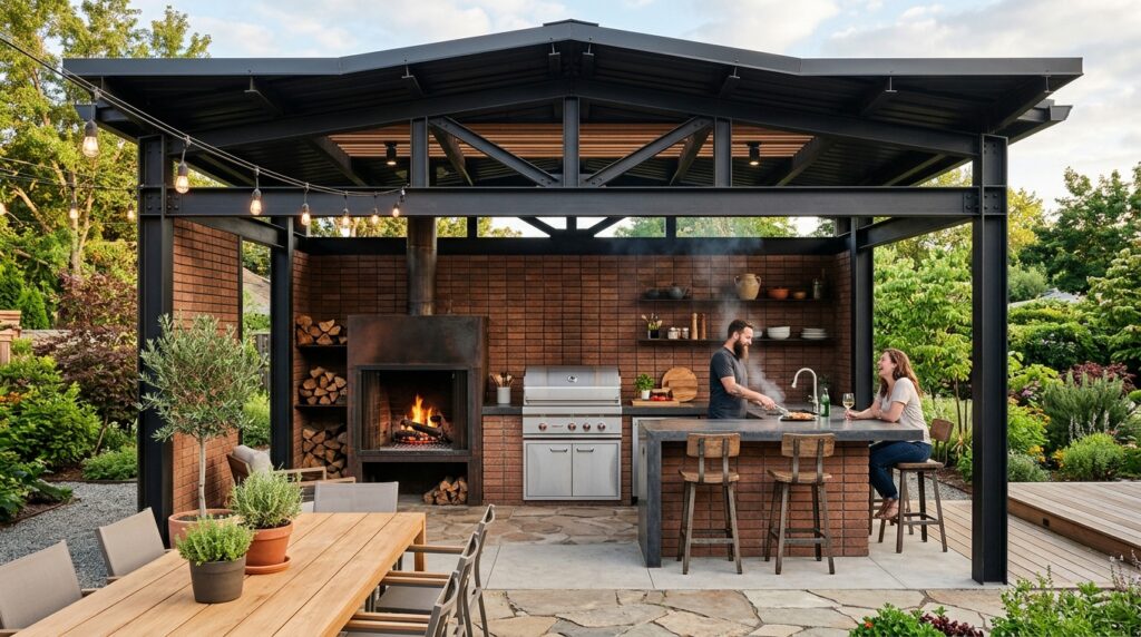 Brick Fireplace Extensions Integrating Full Outdoor Kitchen Lines open air kitchen pavilion iron s… 202606181822