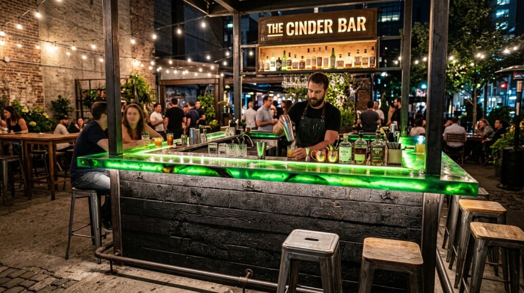 Custom Luxury Outdoor Bars with Backlit Translucent Resin Counters outdoor bar with charred wood 202606181222