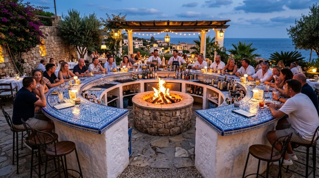 Whitewashed Stucco Mediterranean Kitchens with Mosaic Tile Tops outdoor bar wraps fire pit 202606181322