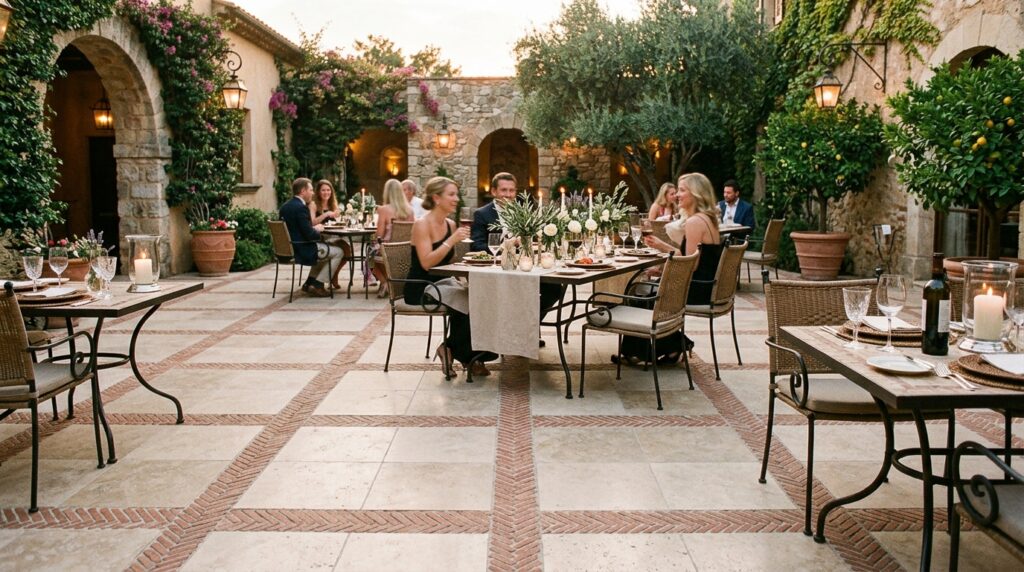 Brick-Paved Courtyards Inspired by Classic European Plazas outdoor dining courtyard travert… 202606141352