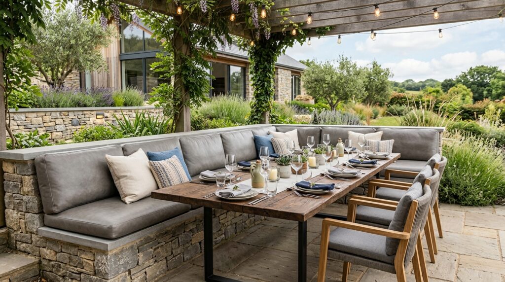 Luxury Outdoor Kitchen Monoliths and Covered Dining Pavilions outdoor dining layout stone bench 202606081301