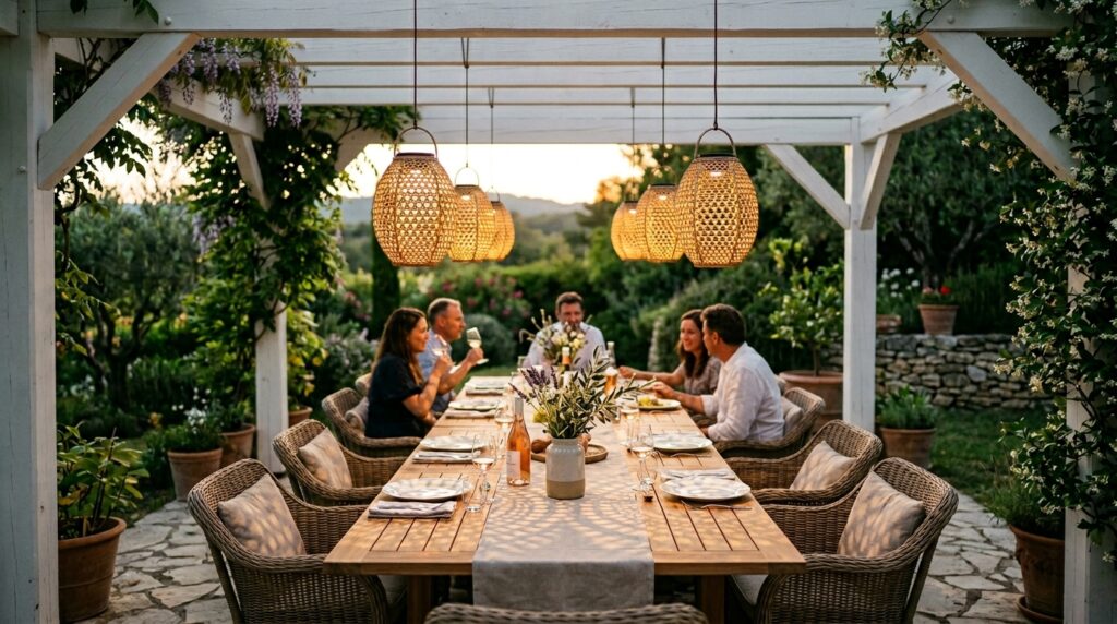 outdoor dining space with lanterns 202606102329
