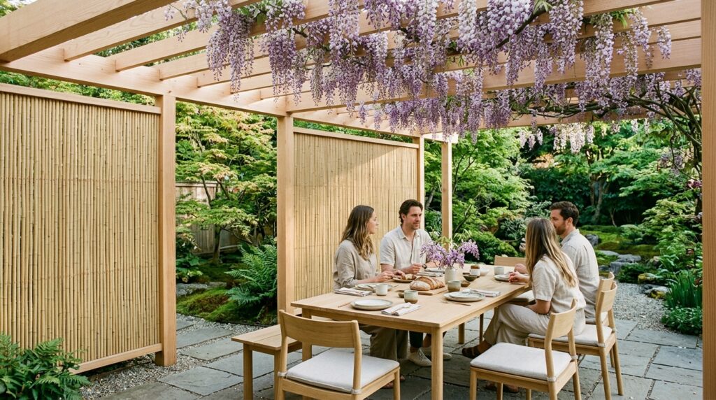 Outdoor Dining Rooms Under Wisteria-Covered Rafter Structures outdoor dining zone japanese sca… 202606141542