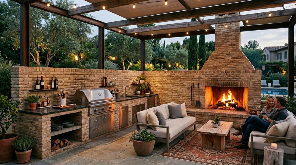 Brick Fireplace Extensions Integrating Full Outdoor Kitchen Lines outdoor kitchen fireplace lounge 202606181814