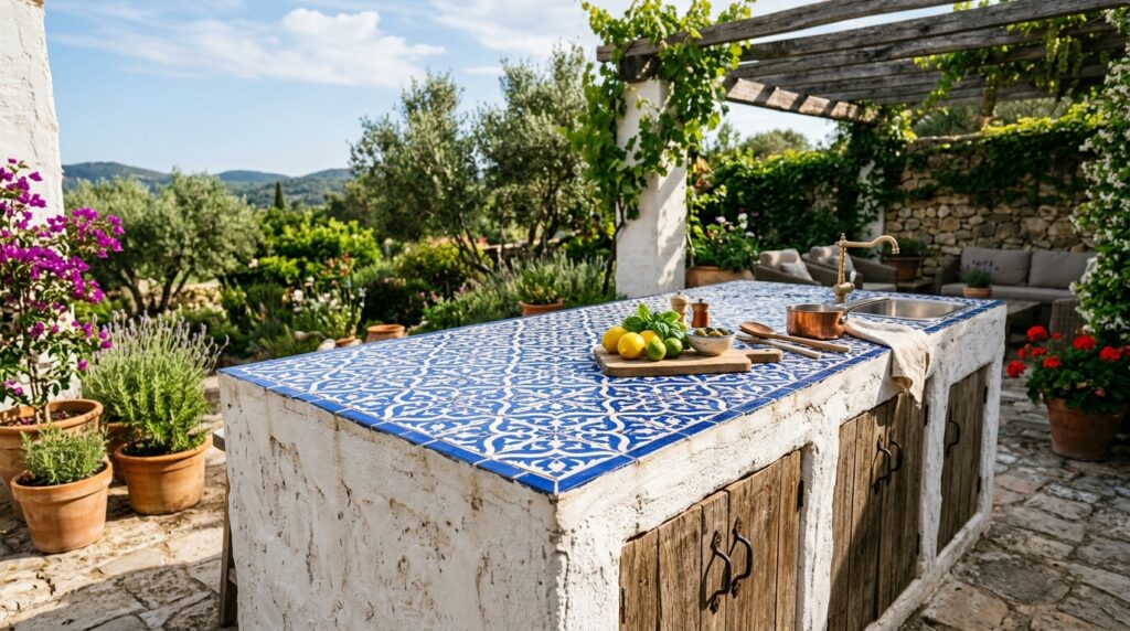 Whitewashed Stucco Mediterranean Kitchens with Mosaic Tile Tops outdoor kitchen island stucco tiles 202606181245