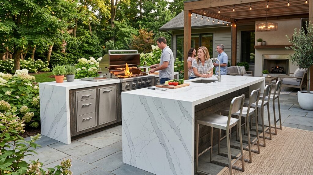Outdoor Kitchen and Bar Ideas for Ultimate Backyard Fun outdoor kitchen island with stools 202606061835