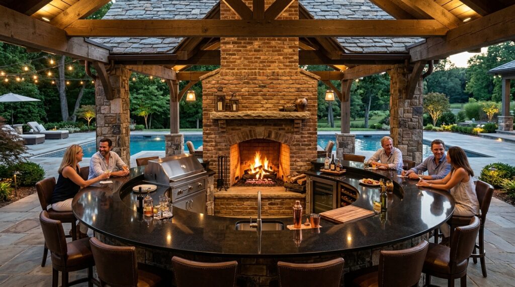 Brick Fireplace Extensions Integrating Full Outdoor Kitchen Lines outdoor kitchen pavilion black g… 202606181849