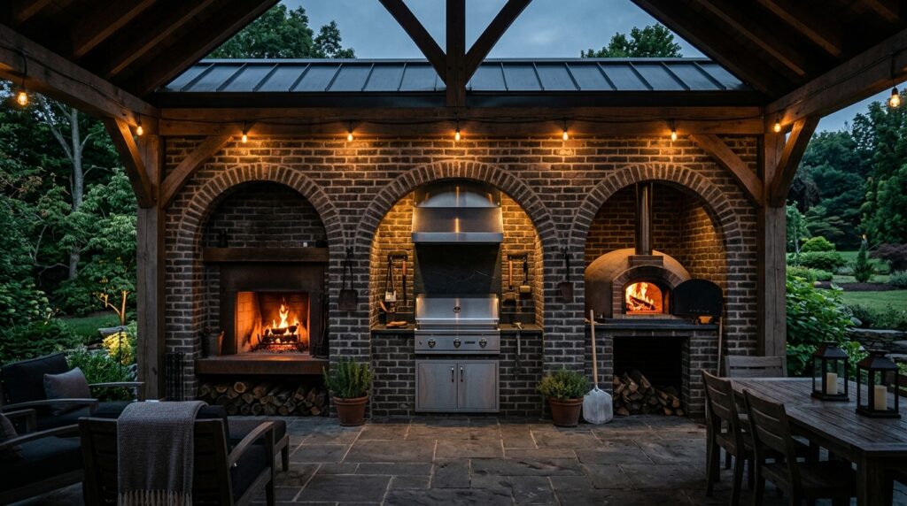 Brick Fireplace Extensions Integrating Full Outdoor Kitchen Lines outdoor kitchen pavilion brick a… 202606181813