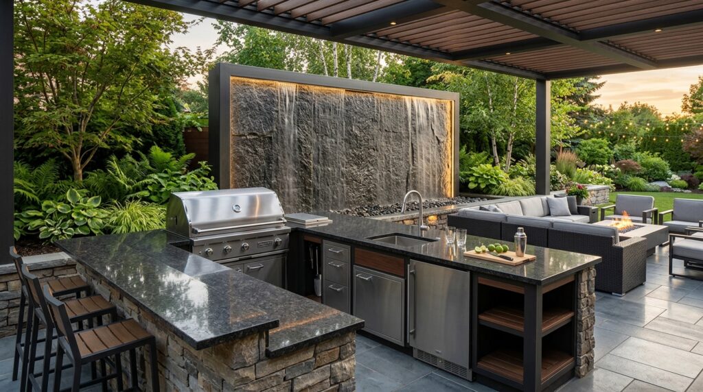 Contemporary Water Walls Using Dark Granite and Rippling Flows outdoor kitchen stainless steel … 202606102237
