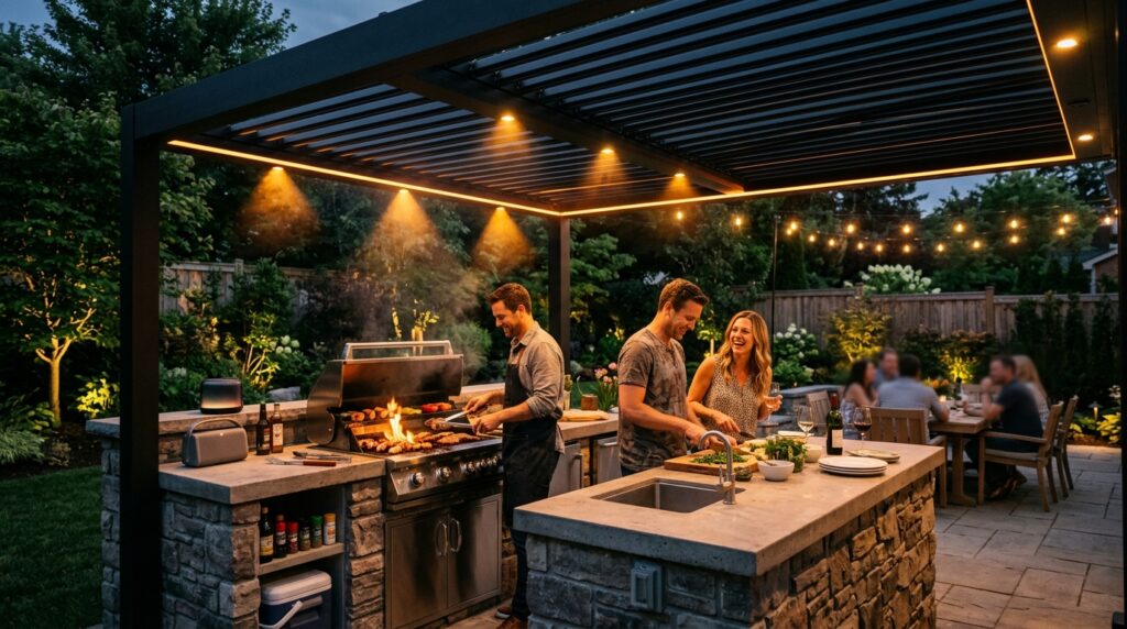 Sound-Activated Accent Lights to Elevate Outdoor DJ and Bar Stations outdoor kitchen under pergola 202606101416