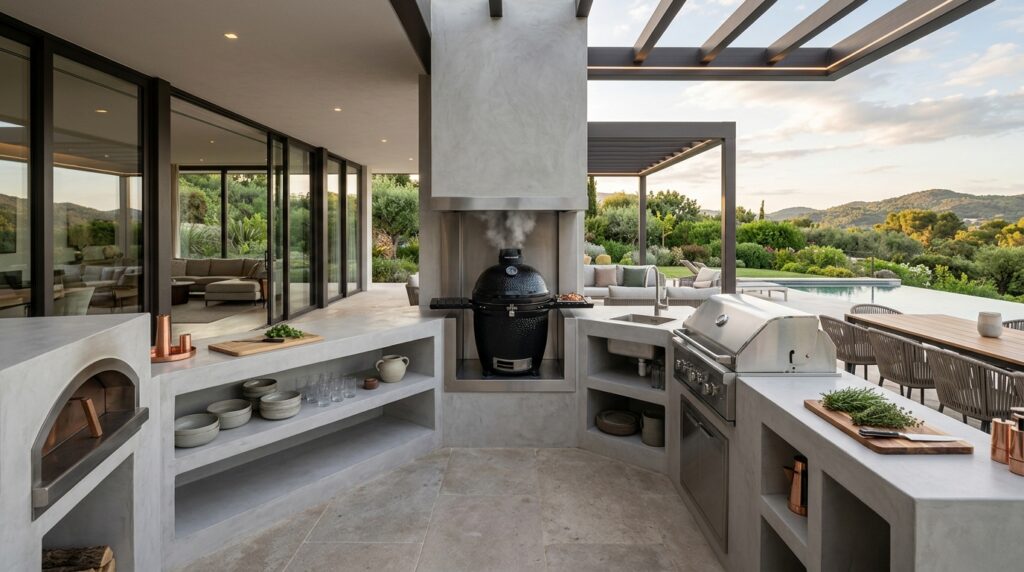 L-Shaped Multi-Functional Kitchen Layouts for Open-Air Patios outdoor kitchen with kamado smoker 202606171126