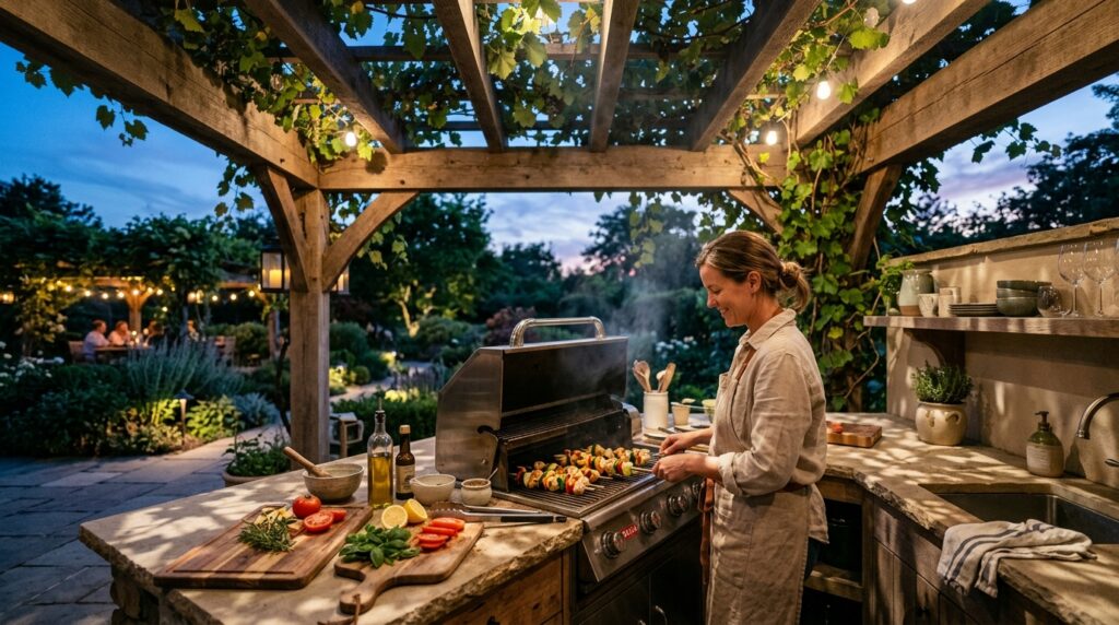 Modern Outdoor Kitchen And Bar Ideas For Premium Backyard Hosting outdoor kitchen with pergola light 202606071606