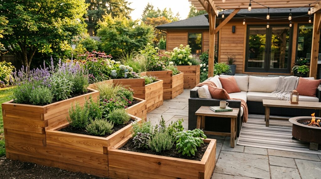 Raised Garden Bed Layouts to Frame Your Main Seating Patio outdoor lounge raised beds chevron 202606141315