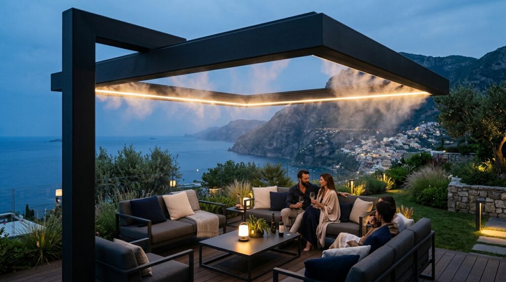 Architectural Fogging Systems to Keep Desert Patios Cool and Moody outdoor lounge with fog pergola 202606101118
