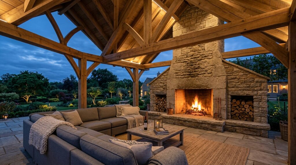 Ultimate Outdoor Entertaining Pavilions with Integrated Fireplaces outdoor pavilion with wood truss… 202606131203