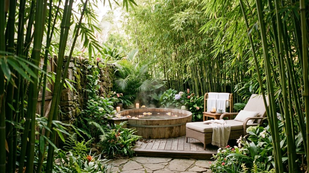 Modern Outdoor Wellness Spa Hubs For Premium Backyard Luxury outdoor spa sanctuary bamboo wall 202606071509
