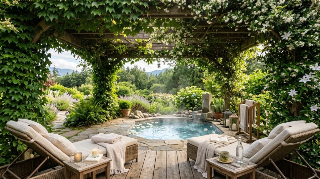 Modern Outdoor Wellness Spa Hubs For Premium Backyard Luxury outdoor spa sheltered by pergola 202606071508